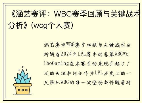 《涵艺赛评：WBG赛季回顾与关键战术分析》(wcg个人赛)