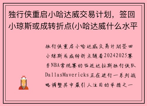 独行侠重启小哈达威交易计划，签回小琼斯或成转折点(小哈达威什么水平)