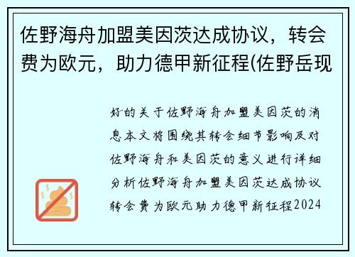 佐野海舟加盟美因茨达成协议,转会费为欧元,助力德甲新征程(佐野岳现状)