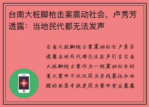 台南大桩脚枪击案震动社会，卢秀芳透露：当地民代都无法发声