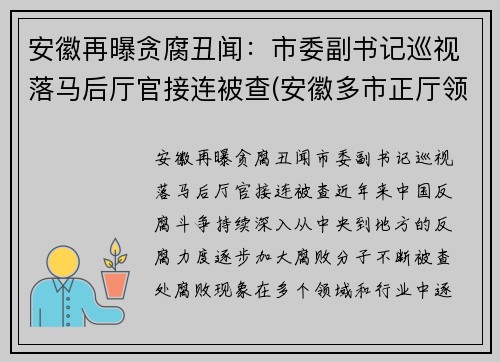 安徽再曝贪腐丑闻：市委副书记巡视落马后厅官接连被查(安徽多市正厅领导调整)
