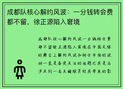 成都队核心解约风波：一分钱转会费都不留，徐正源陷入窘境