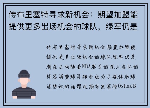 传布里塞特寻求新机会：期望加盟能提供更多出场机会的球队，绿军仍是潜在去向