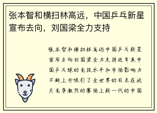 张本智和横扫林高远，中国乒乓新星宣布去向，刘国梁全力支持