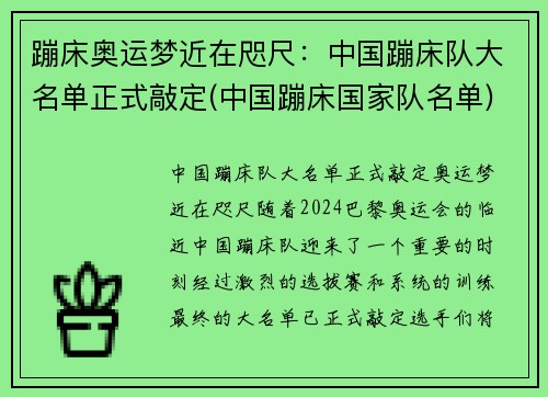 蹦床奥运梦近在咫尺：中国蹦床队大名单正式敲定(中国蹦床国家队名单)